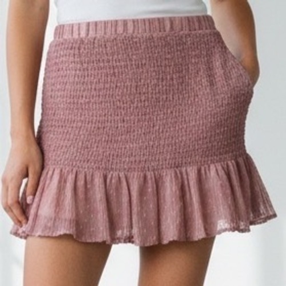 Dusty Rose Pink Smocked Swiss Dot Ruffle Mini Skirt M Boho Romantic balletcore